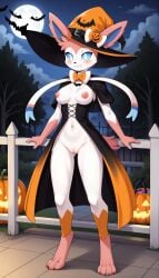 1girls 2024 ai_generated anthro bats blushing breasts digitigrade eeveelution female female_only generation_6_pokemon halloween halloween_costume hand_on_fence hi_res innie_pussy jack-o&#039;-lantern looking_at_viewer mist moon mostly_nude mostly_nude_female night nintendo outdoors pink_fur pink_nipples pokemon pokemon_(species) pussy smile sylveon white_fur witch_hat