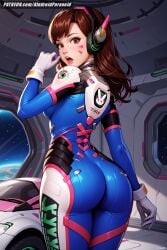 ai_generated aindroidparanoid ass big_ass big_breasts big_butt bodysuit brown_eyes brown_hair butt cute d.va fat_ass female female_only from_behind huge_ass huge_butt indoors long_hair meka open_mouth overwatch overwatch_2 round_ass space stable_diffusion straight_hair surprised thick_ass thighs tight_clothing