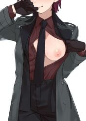 bazett_fraga_mcremitz blush embarrassed eyes_out_of_frame fate/hollow_ataraxia fate_(series) hand_on_cheek large_breasts morisobo no_bra one_breast_out open_shirt presenting red_hair shirt_pull tie_between_breasts