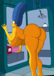 1girls 20th_century_fox 20th_century_studios accurate_art_style ass bent_over big_ass big_breasts breasts breasts_bigger_than_head marge_simpson milf mluv refrigerator the_simpsons viewed_from_behind yellow_body yellow_skin