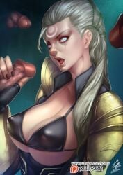 3boys bra breasts clothing_aside dark-skinned_male dark_skin diana_(league_of_legends) female gdecy highres imminent_fellatio large_breasts league_of_legends moon multiple_boys penis riot_games straight underwear