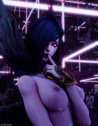 1girls 3d artist_name breasts dark_hair elf_ears female female female_only finger_on_lip glowing_eyes kneeling large_breasts league_of_legends led_light mirror mirror_reflection morgana pale_skin purple_hair reflection reflective_floor ruadhnait3dx self_upload solo solo_female watermark wings wristbands