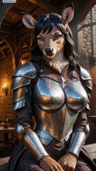 ai_generated animal_ears anthro armor artist_name black_hair breastplate breasts candle female female_anthro furry furry_female hi_res high_resolution highres long_hair looking_at_viewer pauldrons photorealistic realistic red_eyes shoulder_armor sitting solo stable_diffusion twitter twitter_username watermark yiffyjiffy2 yiffyjiffy69