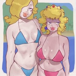 2024 2d 2d_(artwork) 2girls adama39062 beach big_breasts big_lips bikini bikini_bottom bikini_top blonde_hair blue_eyes blue_sky breasts crown curly_hair ear_piercing earrings female female_only huge_breasts lips long_hair looking_at_viewer looking_pleasured mario_(series) mother_daughter_boob_envy_(meme) nintendo pale-skinned_female pale_skin princess_peach princess_rosalina sand sea shiny_breasts shiny_skin summer super_mario_bros. taller_girl thighs water white_skin white_skinned_female yellow_hair