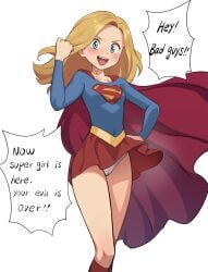 blonde_female blonde_hair blonde_hair blue_eyes blue_shirt breasts cape dc dc_comics dialogue_box exposed_panties kara_zor-el mangamaster red_cape red_skirt small_breasts supergirl supergirl_(series) superhero superheroine superman_(series) symbol teenager thighs white_background