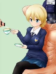 2boys blonde_hair blue_eyes blush breasts butabarutan cum darjeeling ejaculation female girls_und_panzer medium_breasts multiple_boys pantyhose penis school_uniform sitting sitting_on_lap skirt smile tea teacup