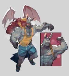 2024 abs absurd_res animate_inanimate anthro armpit_hair athletic_wear biped blonde_hair bodily_fluids body_hair bulge canid canine chest_hair clothed clothing detailed_bulge dragon duo erection erection_under_clothing flexing flexing_bicep genital_outline grey_body hair happy_trail hi_res hybrid lagomorph leporid licking licking_lips living_clothing lumus_king male male/male male_anthro mammal membrane_(anatomy) membranous_wings muscular muscular_anthro muscular_male musk musk_clouds mythological_creature mythological_scalie mythology p0sporo pecs penis_outline plantigrade rabbit raccoon_dog raised_clothing raised_shirt raised_topwear red_body scalie shirt shirt_behind_head smile suit_transformation sweat tanuki tongue topwear transformation wings