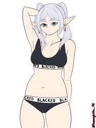 blacked blacked_clothing earrings elf elf_ears frieren hemoglobin_56 small_breasts solo_female solo_focus sousou_no_frieren white_hair