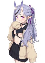 blue_hair bra_pull breasts_out female_focus large_breasts long_hair looking_at_viewer morisobo nijisanji oni_horns open_shirt pointy_ears purple_eyes rindou_mikoto sweater virtual_youtuber white_background