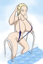 1girls android_18 big_breasts blonde_female blonde_hair breasts colored dragon_ball_z nipples pool_ladder solo_female string_bikini thewritefiction wet_body wet_hair