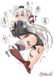 amatsukaze_(kantai_collection) ass bangs bar_censor black_panties blush brown_eyes censored commentary_request cropped_legs dress dress_lift drooling ebifurya eyebrows_visible_through_hair female from_behind hair_between_eyes hair_tubes heart highres kantai_collection lifted_by_self long_hair long_sleeves looking_back masturbation no_shoes one_eye_closed open_mouth panties pussy pussy_juice sailor_dress saliva simple_background smoke smokestack solo speech_bubble spoken_heart sweat tears thighhighs translation_request trembling twitter_username two_side_up underwear very_long_hair white_background white_hair