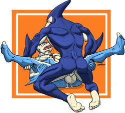 5_toes alien anal anal_sex anthro ball blush cetacean cum dolphin lying male mammal marine missionary_position muscular neo-spacian_aqua_dolphin neo-spacian_marine_dolphin on_back penetration penis sex snoopjay2 sweat toes yaoi yu-gi-oh! yu-gi-oh!_gx