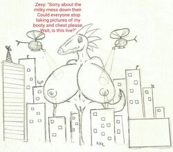 1girls 2017 aircraft alexl anthro beak big_breasts blush bottomless breasts building city clothed clothing dinosaur female funny giantess helicopter huge_breasts humor hyper hyper_breasts kaiju lactation macro mature_female monochrome nipples nude partially_colored pussy reptile scalie smile text therizinosaurus thick_thighs zexy(alexl)