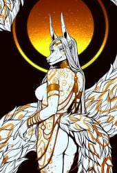 anthro ass breasts canid canine ear_piercing female fur gold_(metal) gold_jewelry hair hi_res jewelry jewelry_only line_art long_ears long_hair long_tail looking_at_viewer mammal markings nipples piercing pinup pose road~abelgeym solo spots spotted_body spotted_fur tail