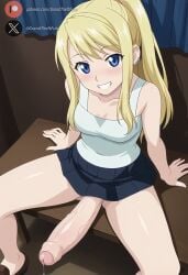 1futa ai_generated big_penis blonde_hair blue_eyes blush clothed cock dickgirl erection from_above fullmetal_alchemist fullmetal_alchemist_brotherhood futa_only futanari huge_cock indoors light-skinned_futanari light_skin long_hair looking_at_viewer penis precum roxygtf sitting solo viewed_from_above winry_rockbell