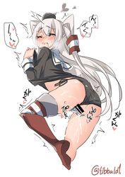 amatsukaze_(kantai_collection) ass bangs bar_censor black_panties blush censored closed_eyes closed_mouth cropped_legs dress dress_lift drooling ebifurya eyebrows_visible_through_hair female female_ejaculation from_behind hair_between_eyes hair_tubes heart highres kantai_collection lifted_by_self long_hair long_sleeves looking_back masturbation no_shoes panties pussy pussy_juice sailor_dress saliva simple_background smoke smokestack solo speech_bubble spoken_heart sweat tears thighhighs trembling twitter_username two_side_up underwear very_long_hair white_background white_hair