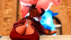 1girls ahe_gao bestiality big_breasts carbuncle carbuncle_(final_fantasy) cleavage clothed clothing cocoa_battenberg cocoabattenberg dark_skin ear_knotting ear_penetration eyes_rolling_back ffxiv final_fantasy final_fantasy_xiv fucked_silly golden_eyes hi_res knot knotting lalafell large_breasts shortstack square_enix tongue_out yellow_eyes zoophilia