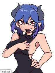 big_breasts blue_hair dress female female_focus female_only horns large_breasts looking looking_at_viewer red_eyes tagme vermeil_in_gold