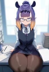 ai_generated collared_shirt flat_chest glasses hololive hololive_english hololive_myth looking_at_viewer ninomae_ina'nis office office_lady on_desk pantyhose pencil_skirt pointy_ears sitting thick_thighs vest virtual_youtuber vtuber wide_hips