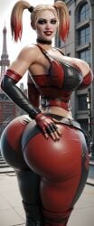 1girls 3d ai_generated american batman:_arkham_city batman_(series) big_ass black_makeup black_nails blonde_hair bubble_butt choker city city_background corset_bra curvy dc dc_comics harley_quinn harley_quinn_(arkham) harley_quinn_(arkham_city) huge_ass huge_breasts pawg red_lipstick solo solo_female thight_clothing twintails white_face wide_hips