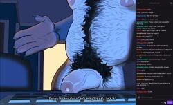 2024 absurd_res anthro areola belly big_belly big_muscles big_penis bluesh bodily_fluids body_hair chair chest_hair claws computer_keyboard desk dialogue english_text exhibitionism father_(lore) foreskin fur furniture genital_fluids genitals glans hairy happy_trail hi_res huge_cock humanoid_genitalia humanoid_penis hyena inside josue_(bluesh) livestream male male_only mammal mature_anthro mature_male musclegut muscular muscular_anthro muscular_male nipples parent_(lore) penis precum presenting presenting_penis pubes seductive solo standing table text thick_penis tuft twitch.tv urethra vein