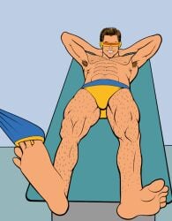 arms_behind_head feet foot_fetish gay hairy_legs lannad male_feet male_foot_fetish male_only marvel marvel_comics no_visible_genitalia scott_summers smiling socks_removed underwear_only