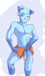 2017 anthro balls blush clothed clothing dewott digital_media_(artwork) erection flashing looking_at_viewer male male_only mammal mustelid nintendo otter pokemon pokemon_(species) shirokoi simple_background smile solo solo_male video_games