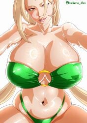 1girls adapted_costume bent_over big_breasts bikini blonde_hair blue_sky brown_eyes busty clouds from_below front_view highleg highleg_bikini highres hourglass_figure huge_breasts konohagakure_symbol large_breasts legs_together lipstick long_hair looking_at_viewer low-angle_view makeup mature mature_female midriff milf nail_polish naruto naruto_(series) naruto_shippuden ocean outdoors pinup revealing_swimsuit saburo_des shiny shiny_hair shiny_skin skimpy skimpy_bikini sunlight swimsuit thick_thighs thighs tsunade twintails underboob very_long_hair viewed_from_below water wide_hips