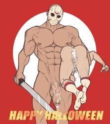 after_anal after_orgasm after_sex ass balls bara big_penis cum cum_in_ass cum_inside cum_on_penis flaccid friday_the_13th gay golewdgo hockey_mask jason_voorhees lifting_person machete male male_only mask muscles muscular nude penis size_difference