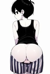 ai_generated ass ass_focus balls big_ass big_butt black_eyes black_hair black_tank_top bussy butt_focus femboy looking_at_viewer looking_back omori omori_(character) omori_(omori) pale_skin presenting_hindquarters round_ass shorts_down showing_ass striped_shorts testicles