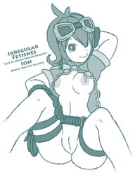 bottomless breasts female gloves goggles goggles_on_head ion_(rodea) irregular_fetishes looking_at_viewer monochrome nipples pussy rodea_the_sky_soldier short_hair smile solo tagme watermark