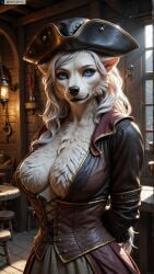 ai_generated anthro arms_behind_back artist_name blue_eyes breasts cleavage corset female female_anthro furry furry_female hat hi_res high_resolution highres large_breasts long_hair photorealistic pirate_hat realistic snout solo stable_diffusion twitter twitter_username watermark yiffyjiffy2 yiffyjiffy69