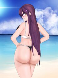 1girls alternate_version_at_source alternate_version_available ass beach big_ass bikini bikini_bottom bikini_top blush doki_doki_literature_club female female_only hands_on_hips long_hair purple_hair rear_view sky solo solo_female synnkeh thong yuri_(doki_doki_literature_club)