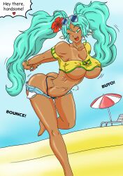 1girls bikini_bottom blue_hair blue_hair_female brazil brazilian brazilian_female brazilian_miku flower_in_hair hatsune_miku nipple_bulge short_shirt short_shorts solo_female sunglasses sunglasses_on_head tan tan_body tan_skin tanline thewritefiction twintails vocaloid winking