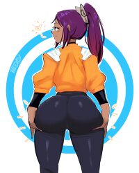 1girls 2024 artist_name artist_signature ass ass_focus back_view big_ass big_butt bleach blush blush_lines blushing bottomwear butt clothed clothing dark-skinned_female dark_skin edalv female female_focus female_only grabbing_ass grabbing_own_ass half-closed_eyes hi_res highres jacket looking_at_viewer looking_back png ponytail presenting presenting_hindquarters purple_hair shiny_clothes shiny_hair showing_ass simple_background smile smiling smiling_at_viewer smug smug_face solo solo_female thick_thighs tight_clothing tight_pants topwear wide_hips yoruichi_shihouin