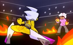 1boy 1girls arena blood bottomless female_focus fight fighting fire geometry_dash oc original_character pussy robot robot_girl scratches trianna_(yellolight) yellolight