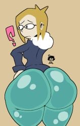 ass_focus big_ass blonde_hair blue_jacket blue_pants clothed clothing confused dat_ass female fully_clothed glasses huge_ass light-skinned_female looking_away molly_(nasty_spaghjett) nasty_spaghjett original question_mark rear_view simple_background solo thick_ass white_skin yellow_background