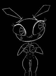 anthro binary_drawing black_and_white black_background black_body black_fur blush bottomless breasts clothed clothing clothing_lift female fur genitals hi_res lagomorph leporid looking_aside mammal monochrome navel presenting presenting_breasts pussy rabbit shirt shirt_lift shy simple_background solo thick_thighs topwear vibri's_cousin vussybussy white_blush