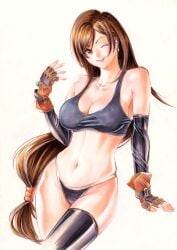 1girls brown_eyes brown_hair cleavage final_fantasy_vii fingerless_gloves huge_breasts long_hair rodrigo_yoshimiya thighhighs tifa_lockhart underwear voluptuous wink