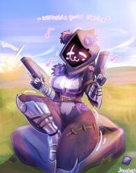 anthro_only artist_name background bear big_thighs blush breasts explosion female_only fortnite gun guns high_resolution highres holding_gun justbirb music_note nature_background onomatopoeia raven_team_leader raven_team_leader_(fortnite) rock sigma singing sitting_on_rock solo solo_female tagme thick_thighs thighs