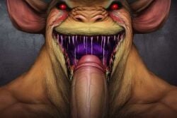 ai_generated demon demon_humanoid forced_oral human humancockino humanoid imminent_fellatio imminent_oral imminent_sex male_human purple_tongue rape saliva saliva_drip saliva_on_penis saliva_trail salivating teeth teeth_visible