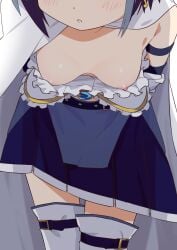 1girls accidental_exposure blue_hair blush cape down_blouse eyes_out_of_frame female female_only leaning_forward mahou_shoujo_madoka_magica medium_breasts miki_sayaka morisobo nipple_slip one_breast_out small_breasts solo white_background