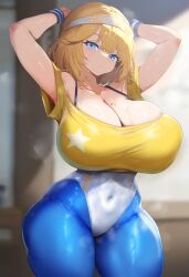 ai_generated big_breasts blonde_hair blue_eyes breasts cleavage hololive hololive_english hololive_myth huge_breasts large_breasts leggings leotard mole_on_breast mommy sweat sweatband thick_thighs tights virtual_youtuber vtuber watson_amelia workout_clothes wristband