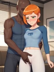 1boy1girl ai_generated ainoob17 ben_10 blush cameltoe dark-skinned_male dressing faceless_male fingering_through_clothes gwen_tennyson red_hair short_hair stable_diffusion tagme