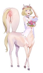 1girls :d anatomically_correct anatomically_correct_pussy animal_ears animal_genitalia_on_humanoid anus bar_censor blonde_hair blue_eyes blush censored centaur eyebrows_visible_through_hair female flower flower_wreath full_body hand_up highres hooves horse_anus_on_humanoid horse_ears horse_pussy_on_humanoid monster_girl mosaic_censoring multiple_views navel open_mouth original pussy see-through short_hair simple_background smile sohn_woohyoung solo tabbto taur wedding_dress white_background