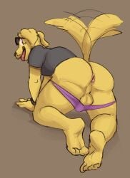 anthro anus ass backsack balls biped bojack_horseman canid canine canis catnapstar domestic_dog fingers floppy_ears fur genitals male male_only mammal mr._peanutbutter netflix perineum rear_view solo solo_male tail tail_motion tailwag yellow_body yellow_fur