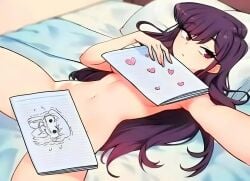 1girl 1girls completely_naked completely_naked_female completely_nude completely_nude_female covering_breasts covering_crotch covering_pussy covering_with_object dark_purple_hair komi-san_wa_komyushou_desu komi_can't_communicate komi_shouko laying_down laying_on_back laying_on_bed long_hair long_purple_hair love_letter medium_breasts paper purple_eyes purple_hair schoolgirl seductive seductive_eyes seductive_look selfie selfie_pose skinny skinny_female skinny_girl skinny_male skinny_waist thin thin_female thin_waist tobias_wheller writing_on_paper