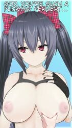 1boy 1girls 3d annoyed bare_shoulders big_breasts black_hair breasts close-up english_text gloves hand_on_breast light_skin looking_away neptunia_(series) nipples noire pov red_eyes shirt_up touching_breast tsundere twintails