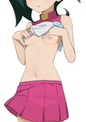 1girls blush breasts_out eyes_out_of_frame female female_only flashing_breasts green_hair kotori_mizuki morisobo navel shirt_lift skirt small_breasts solo white_background yu-gi-oh! yu-gi-oh!_zexal