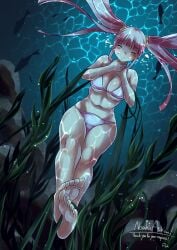 asphyxiation big_breasts bikini breasts closed_eyes drowning feet female female_only fish foxeye_(artist) hands_on_neck navel original peril pink_hair polon_(foxeye) predicament_bondage restrained seaweed solo solo_female swimsuit tangled_up thick_thighs twintails underwater